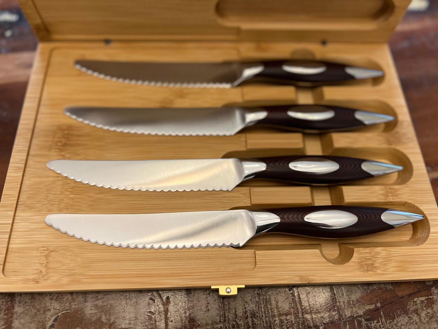 4PC G10 Brown Serrated Steak Knives/Dining Knives in Magnetic Bamboo Latched Box